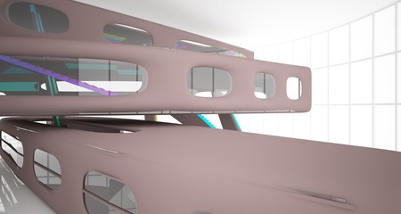 Obraz premium Abstract dynamic interior with brown and colored gradient smooth objects. 3D illustration and rendering