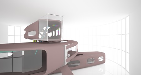 Abstract dynamic interior with brown and colored gradient smooth objects. 3D illustration and rendering