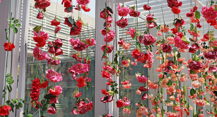 Beautiful Upside down flowers hanging from ceiling.