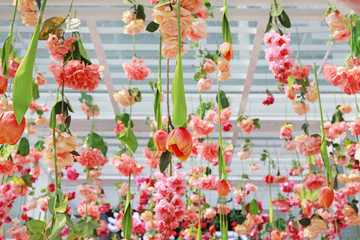 Beautiful Upside down flowers hanging from ceiling.