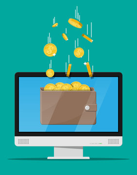 Concept of online income. Earnings in internet network. Electronic wallet. Freelance work. Golden coins flying in wallet on computer monitor. Growth, income, success. Flat style vector illustration