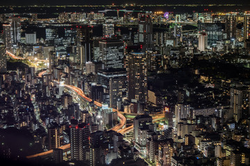 Obraz premium Buildings and skyscrapers of Tokyo at night shot from Mori Tower in Roppongi. The megapolis is illuminated by the lights and is vibrating with energy