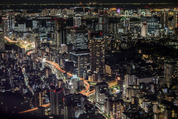 Buildings and skyscrapers of Tokyo at night shot from Mori Tower in Roppongi. The megapolis is illuminated by the lights and is vibrating with energy