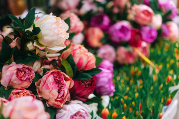 Lot of peonies, close up.