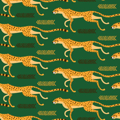 Seamless pattern with running cheetahs, leopards. Repeated exotic wild cats on a green background. Vector illustration © baksiabat