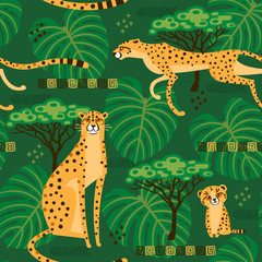 Seamless pattern with cheetahs, leopards in the jungle. Repeated exotic wild cats in the background of the savannah. Vector stylized travel illustration © baksiabat