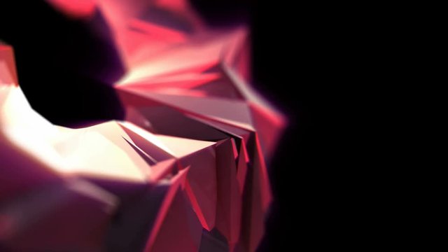 Rose gold and red triangle geometric object flying on black background. Seamless loop animation footage.