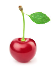 Fresh cherry berry with leaf isolated on the white background with clipping path. One of the best isolated cherries that you have seen.