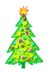 Traditional bright green Christmas tree with baubles and golden star on top. Illustration painted in highlighter felt tip pen on clean white background