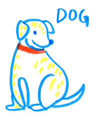 Simple cute cartoon dog painted in highlighter felt tip pen on clean white background