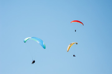 Three paragliders flying in the blue sky against the background of clouds. Paragliding in the sky on a sunny day.
