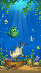 Vertical background - undersea world with ship