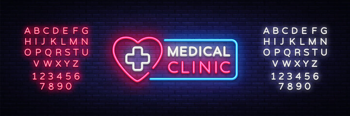 Obraz premium Medical Clinic neon signboard vector. Medical neon glowing symbol, Light Banner, neon icon, design element. Vector illustration. Editing text neon sign