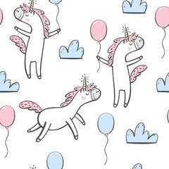 Cute unicorns seamless pattern with balloons and clouds