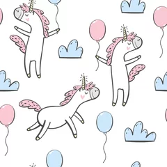 Wall murals Animals with balloon Cute unicorns seamless pattern with balloons and clouds