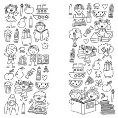 School, kindergarten boys and girls reading books. Imagination. Library. Space, travel, adventure.