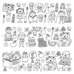 School, kindergarten boys and girls reading books. Imagination. Library. Space, travel, adventure.