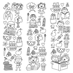 School, kindergarten boys and girls reading books. Imagination. Library. Space, travel, adventure.