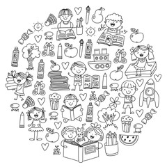 School, kindergarten boys and girls reading books. Imagination. Library. Space, travel, adventure.