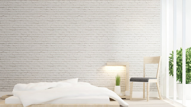 Bedroom and living area design room for artwork. White bedroom and living area on white brick wall decorate and empty space for add message artwork. 3D Rendering.