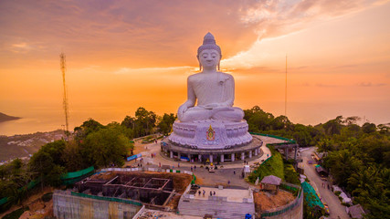 aerial view sweet sunset at Phuket big Buddha. .Phuket Big Buddha statue is one of the island most important and revered landmarks on the island.