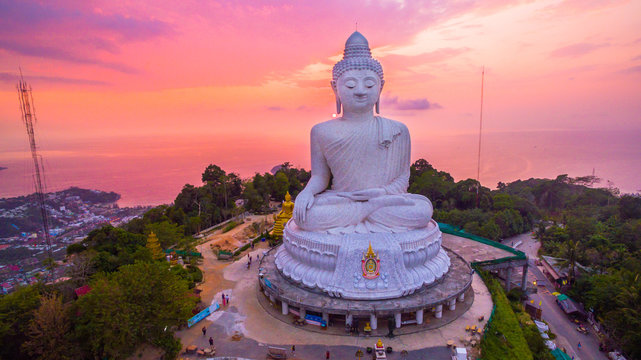 aerial view sweet sunset at Phuket big Buddha. .Phuket Big Buddha statue is one of the island most important and revered landmarks on the island.