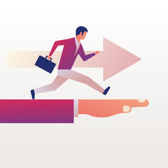 Running forward. Businessman with briefcase. Vector illustration flat design. Isolated on background. Business people. Hand indicating the direction to the goal.