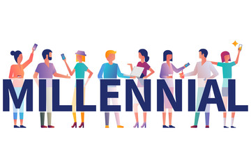 Millennial concept. Group students with gadgets in their hands. Vector illustration flat design. Isolated on white background. Modern fashionable young people. Generation y.
