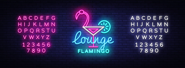 Cocktail lounge neon sign vector. Flamingo concept Design template neon sign, summer light banner, neon signboard, nightly bright advertising, light inscription. Vector. Editing text neon sign