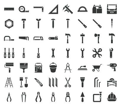 carpenter, handyman tool and equipment icon set, glyph design