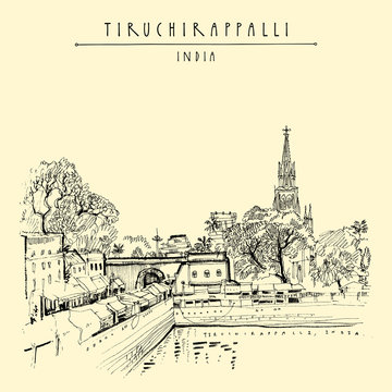 Tiruchirappalli (Trichy), Tamil Nadu state, India. Artistic drawing on paper. Travel sketch. Vintage travel hand drawn postcard