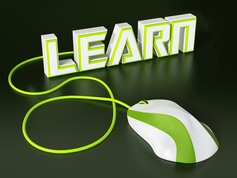 Cable mouse connected to learn text. 3D illustration