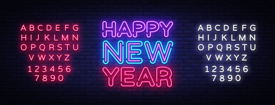 Happy New Year Neon Text Vector. Neon Sign, Greeting card design template with 3D typography label. Light banner, Design element. Vector Illustration. Editing text neon sign