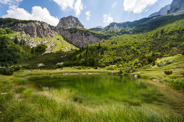 Mountain range and lake early in summer. 