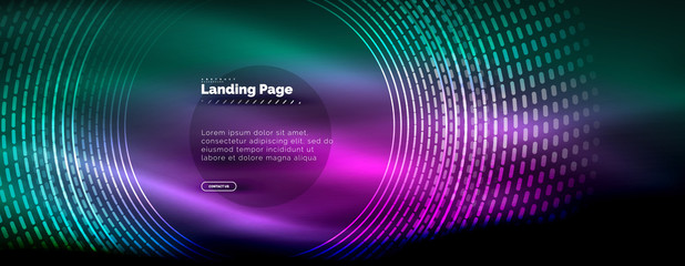 Neon glowing techno lines, hi-tech futuristic abstract background template with circles, landing page template