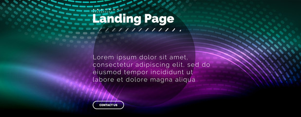 Neon glowing techno lines, hi-tech futuristic abstract background template with circles, landing page template