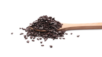 Chocolate sprinkles, granules in wooden spoon isolated on white background and texture