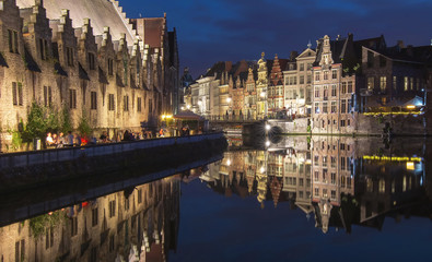 Gent old town canals at night, Belgium