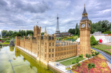 Big Ben, Westminster palace and Eiffel tower in mini Europe park, Brussels, Belgium - obrazy, fototapety, plakaty