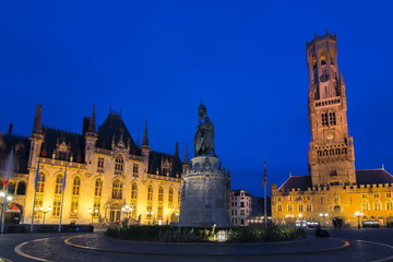 Market square and Belfort tower at night, Bruges, Belgium