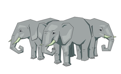 Tree African elephants standing. Flat line vector illustration. Colored cartoon style, isolated on white background.