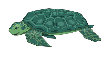 Big green sea turtle, flat Earth concept. Flat line vector illustration. Colored cartoon style, isolated on white background.
