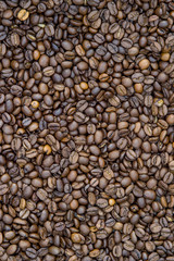Close-up view of roasted coffee beans in man's hands.