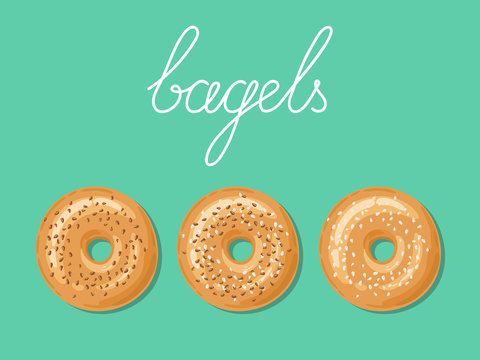 Set of 3 fresh bagels with white and brown sesame seeds on top. Top view of bagels isolated over background. Delicious breakfast. Take away fast food. Vector illustration.