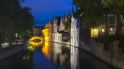 Steenhouwersdijk canal at night, Bruges, Belgium