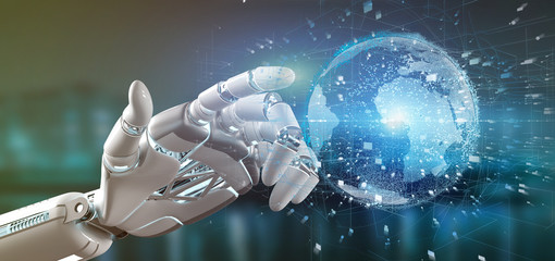 Naklejka na ściany i meble Cyborg hand holding a Connection around a world globe 3d rendering