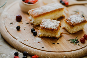 Cake on wooden table. Kitchen