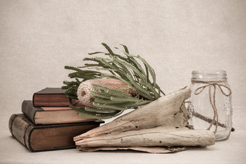 Lovely soft muted tones complement antique books, Australian wildflower and dried tobacco leaf.