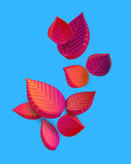 Blue autumn background with beautiful 3d leaves.