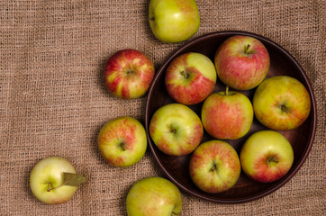 A bowl of organic and ripe apples on raw fabric.